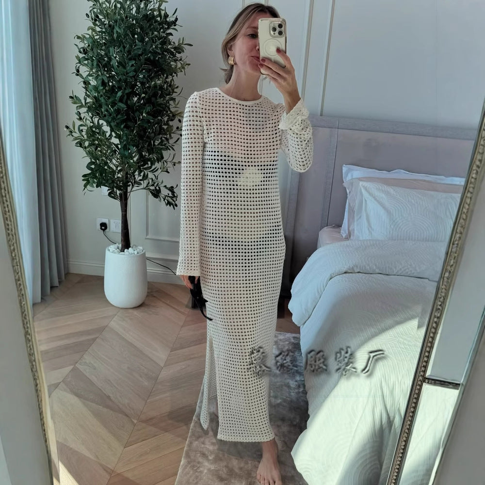 Damen-Maxikleid, Spaghettiträger, gestrickt langärmelig elegant 5