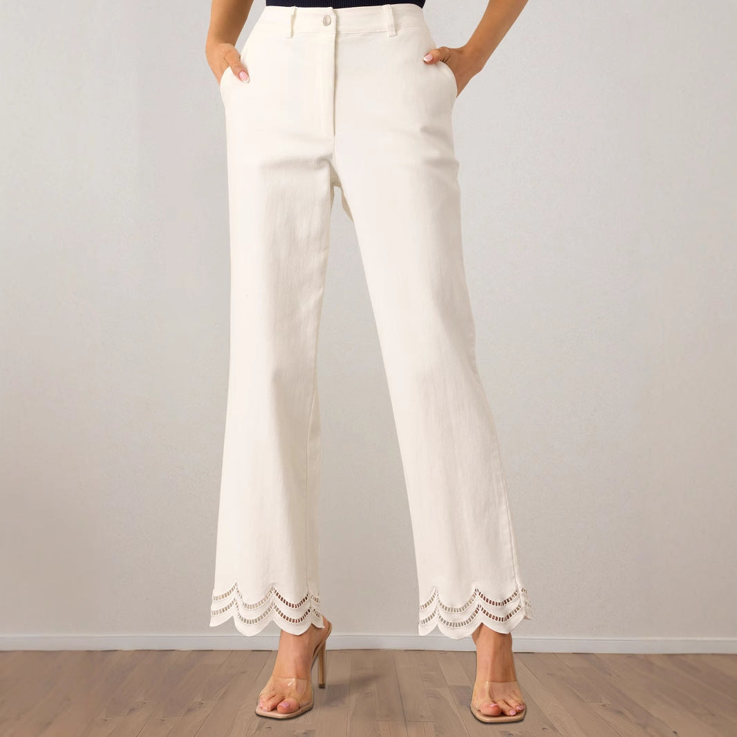 Damen Palazzo-Hose Weite Beinform mit dekorativem Wellenabschluss und Seitentaschen 2