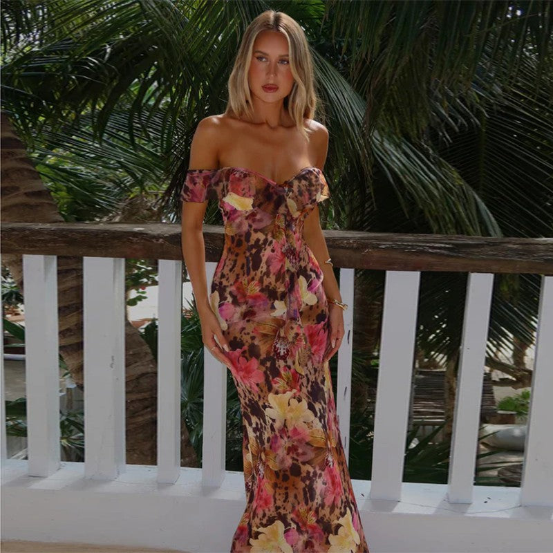 Maxikleid Damen Off-Shoulder Blumenmuster Atmungsaktives Material 1