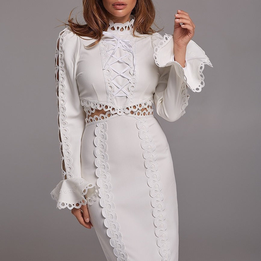 Damen-Midikleid, Spitzenbesatz, kurze Ärmel, Polyester-2