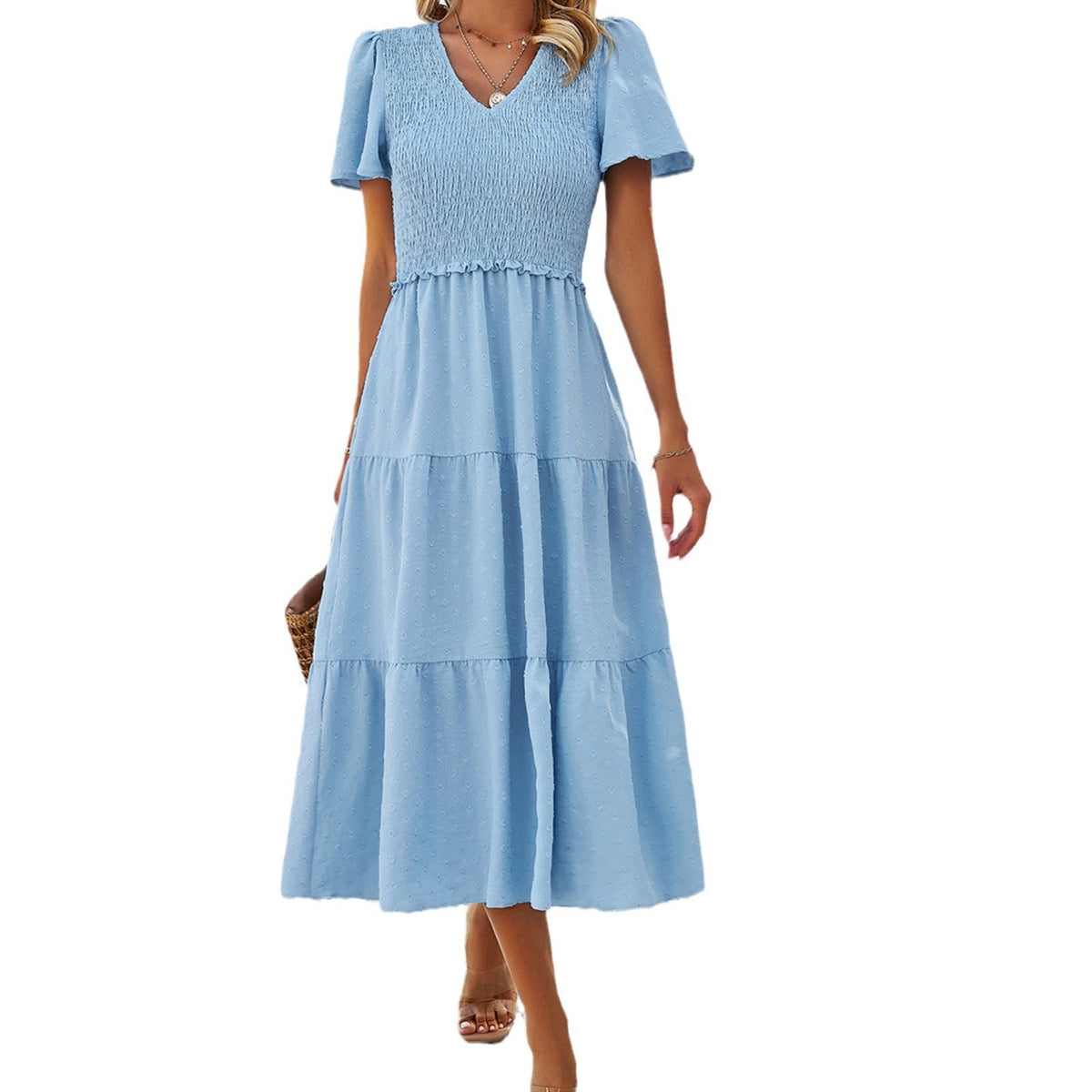 Damen-Kleid A-Linienform mit V-Kragen aus zweifarbigem Stoffmix-5