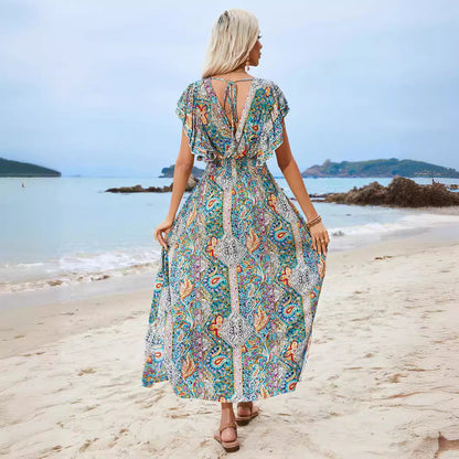 Damen-Maxikleid, böhmischer Stil, kurze Ärmel, A-Linien-Form, Polyester-4