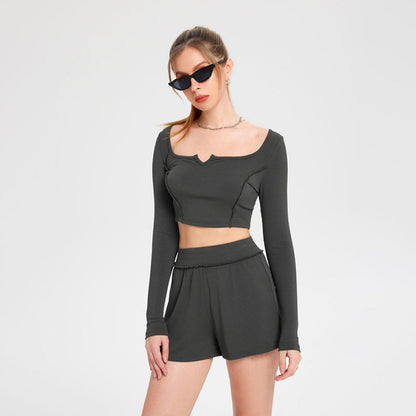 Damen-Hemd-Set Langarm-Top und Dreiviertelhose Polyester Lässig-2