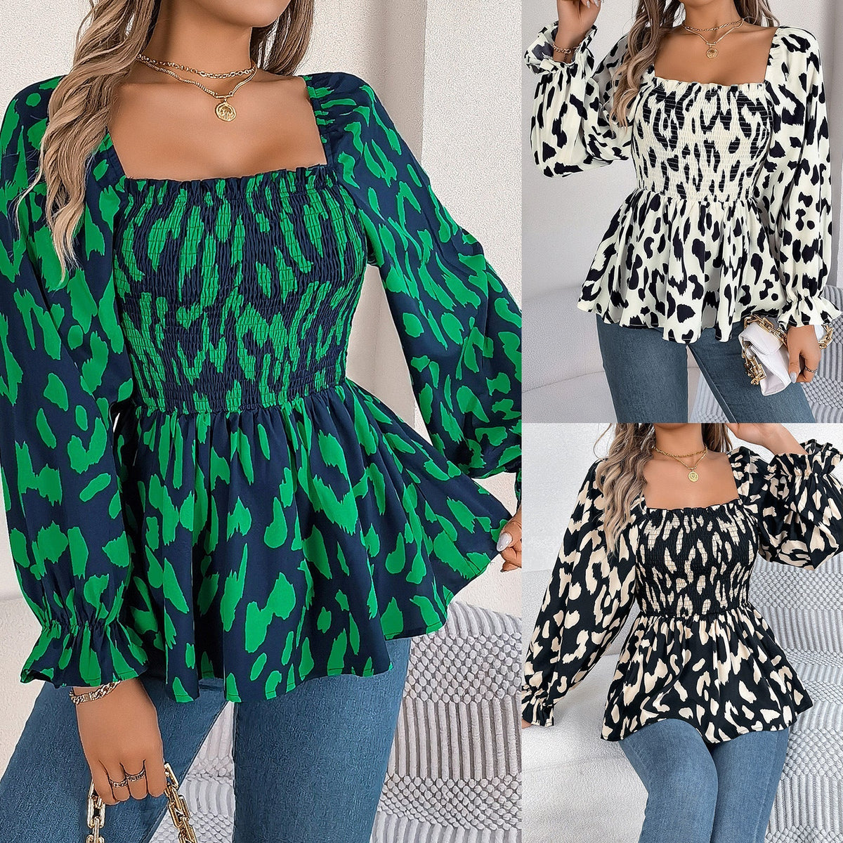 Damen-Langarm-Bluse, Geraffte Kante, Chiffon, leopardenmuster-2
