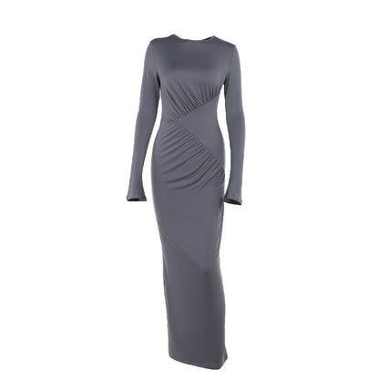 Damen-Maxikleid, langarme elastische Stoffmischung, elegantes Design-6