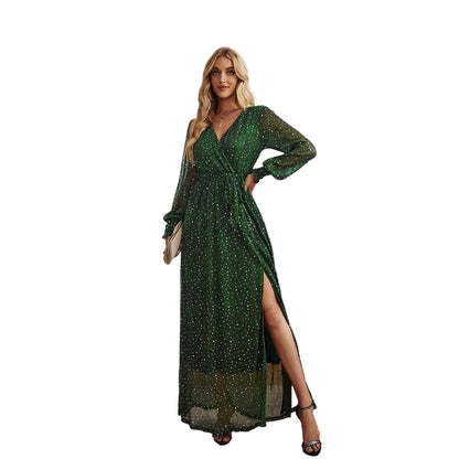 Damen-A-Linien-Kleid, V-Ausschnitt, Nylon, lange Ärmel, elegant-5