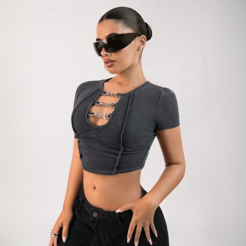 Damen-cropped-Top, mit Kettendetails, elastischer Stoff 5