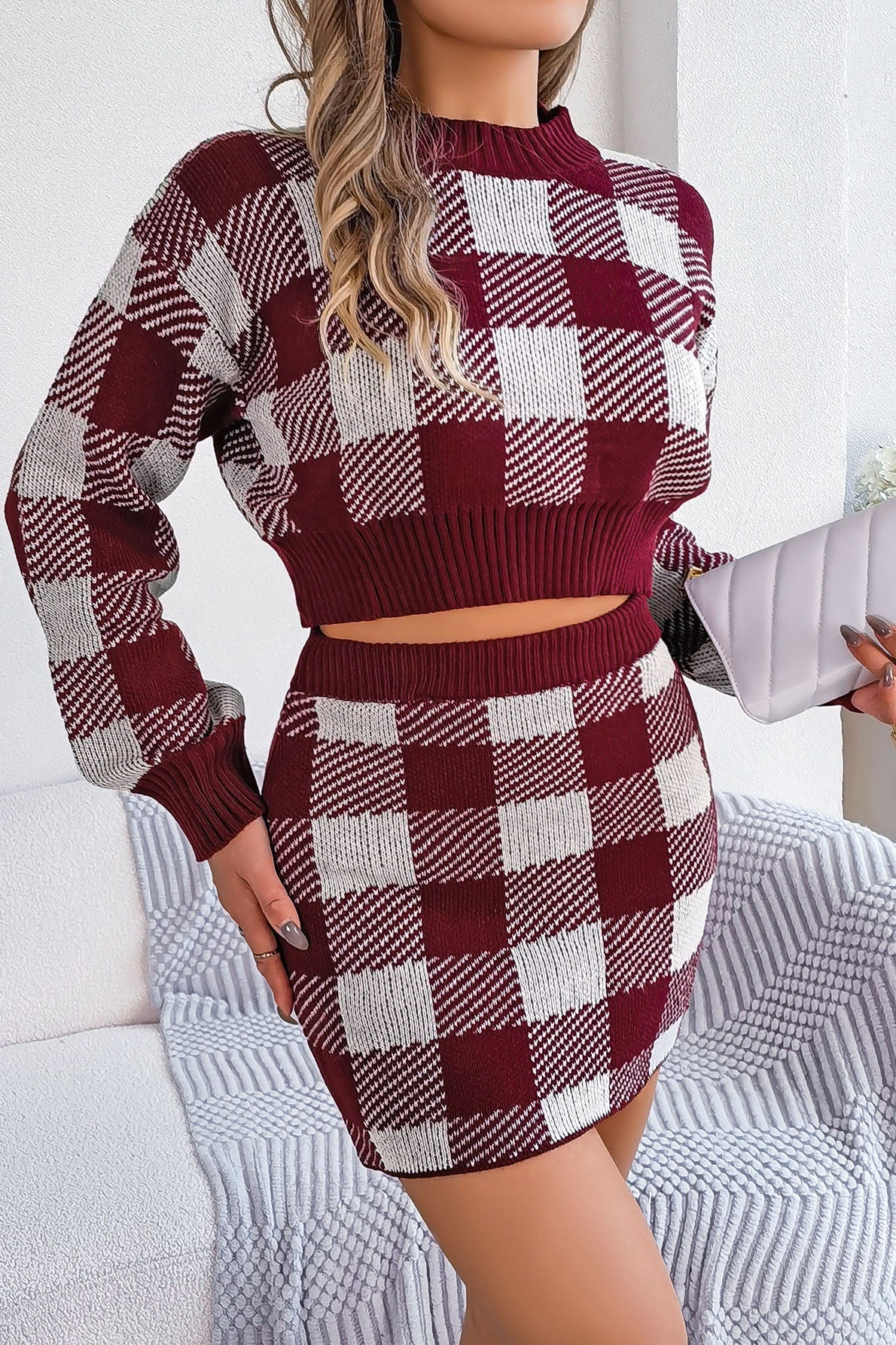 Damen-Set: langärmeliger Pullover und Rock, kariert, hochwertiger Stoff-1