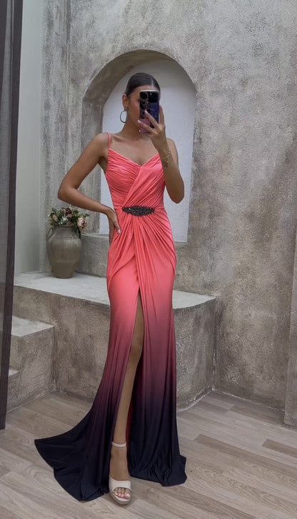 A-Linien-Damenkleid mit tiefem V-Ausschnitt, aus Polyester, mit langem Rock-2