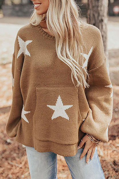 Damenpullover mit Laternenärmeln aus weichem Polyester und Sternmuster – trendiges Langarm-Oberteil für Alltag und Fest 2