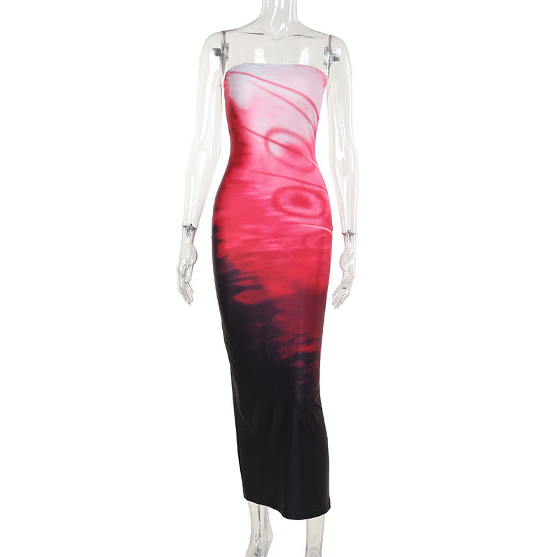Damen-Maxikleid, Wasserfallmuster, elastischer Stoff 1