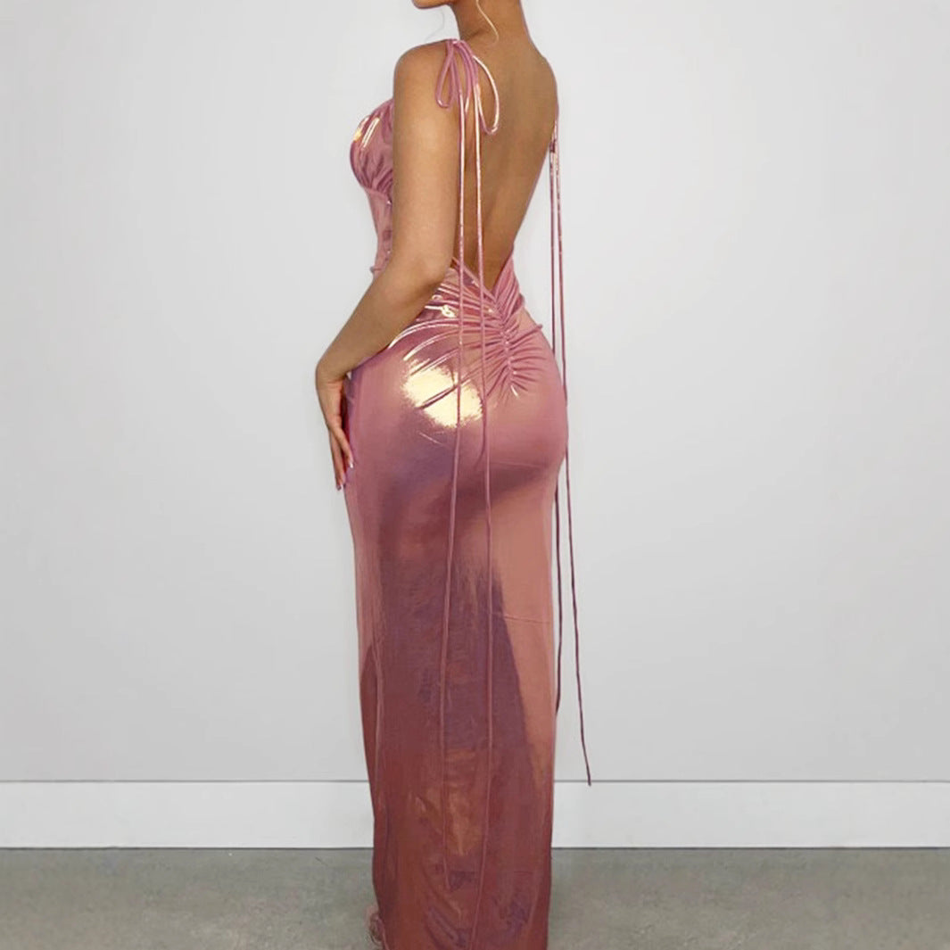 Damen-Maxikleid, mit Spitze, Details, glänzendes Polyester-5