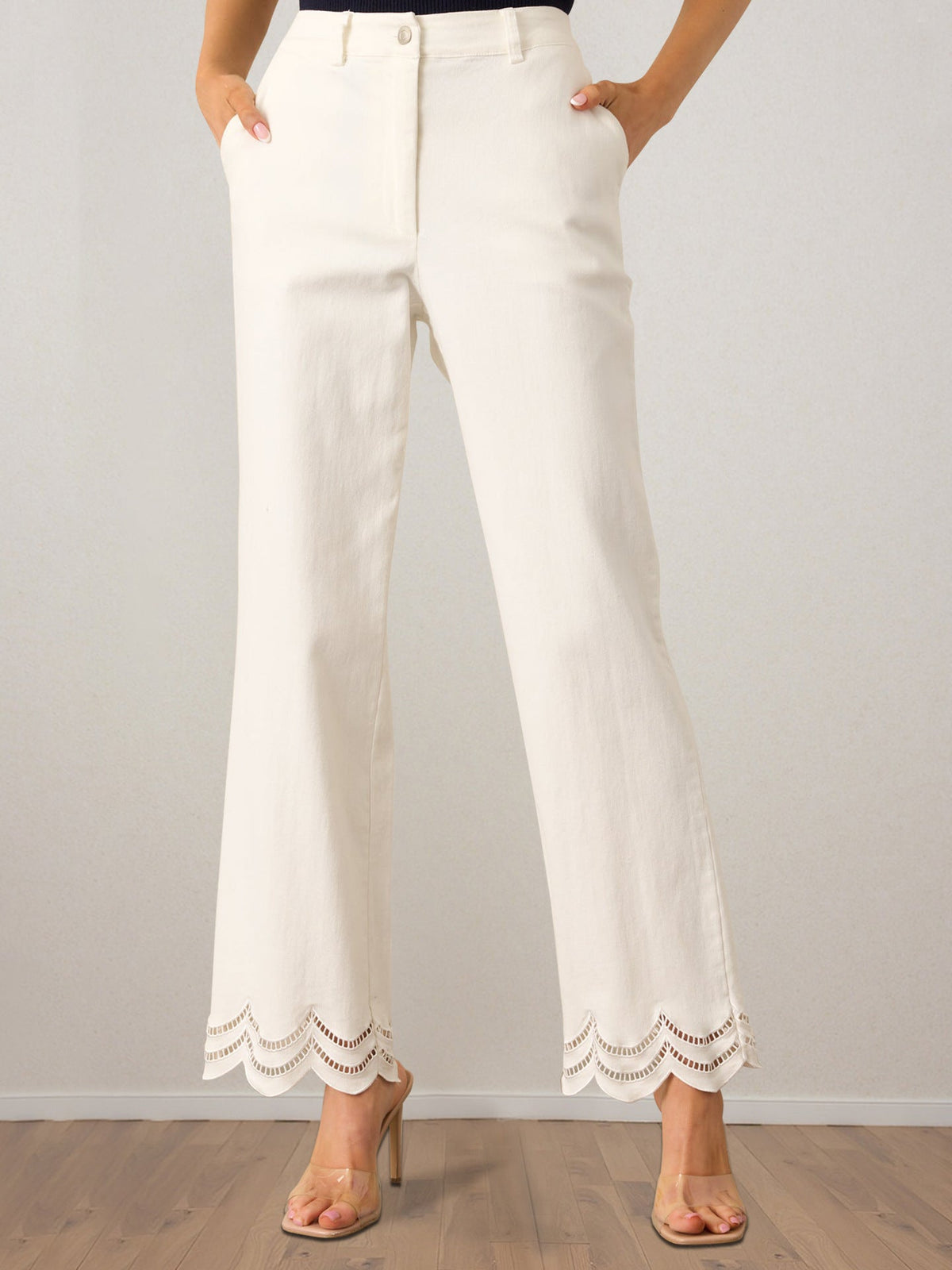 Damen Palazzo-Hose Weite Beinform mit dekorativem Wellenabschluss und Seitentaschen 7