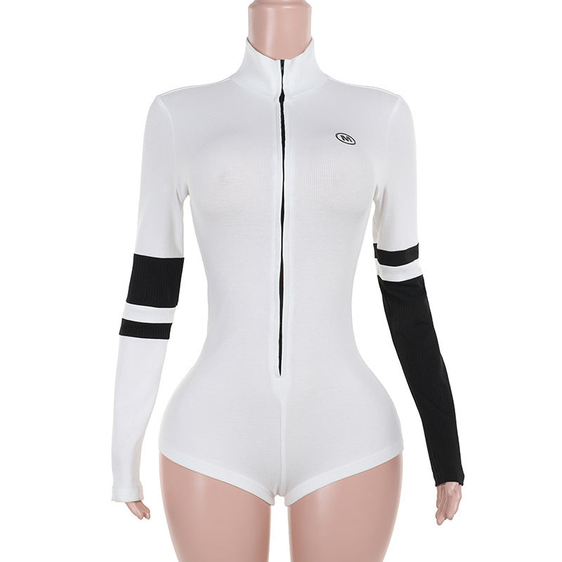 Damen-sportlicher Einteiler, hoher Kragen, elastischer Stoff, lange Ärmel-1