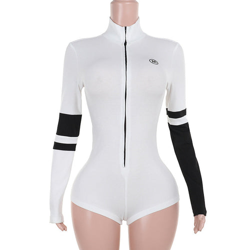 Damen-sportlicher Einteiler, hoher Kragen, elastischer Stoff, lange Ärmel-1