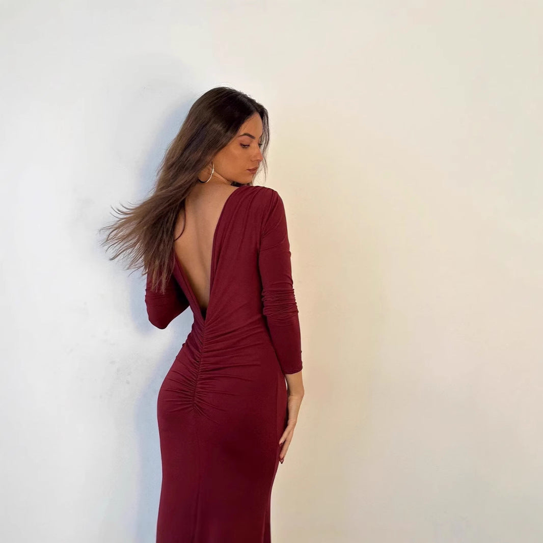 Damen-Kleid, langärmlig, V-Ausschnitt, einfarbig, hochwertiger Stoff-4
