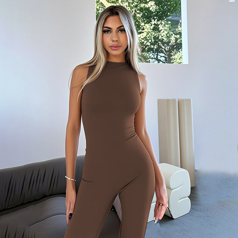 Damen-Jumpsuit, hoher Hals, elastischer Stoff, ausgestellte Beine 9