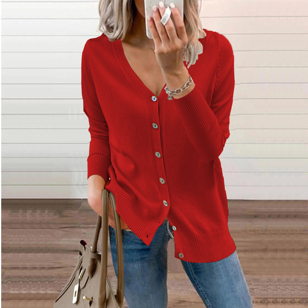 Lange Strickjacke Damen V-Ausschnitt Langarm Nylonmischung-5