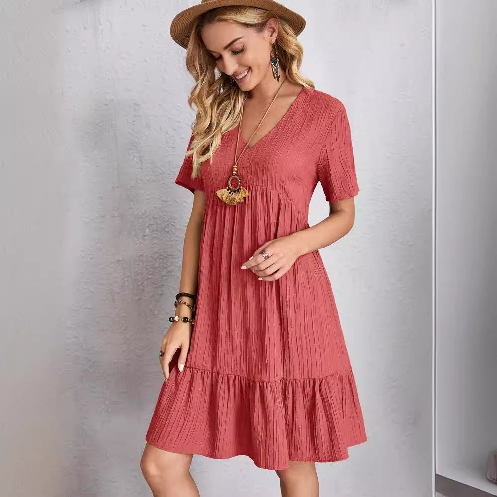 Damen-Sommerkleid, V-Ausschnitt, mittellang, Polyester-5