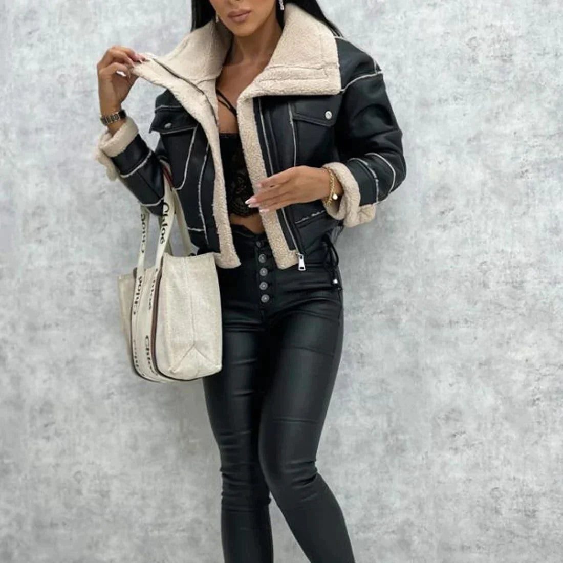 Damen-Jacke, kurz, PU-Leder, Samtfutter 2