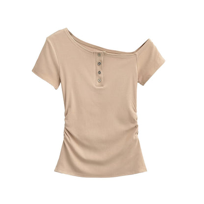 Damen-Top, asymmetrischer Ausschnitt, weicher Stoff, mit Dekorativ, Knöpfe 9