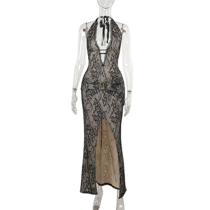 Damenkleid mit tiefem V-Ausschnitt und Schlitz aus hochwertiger Spitze – elegant und vielseitig für besondere Anlässe 1