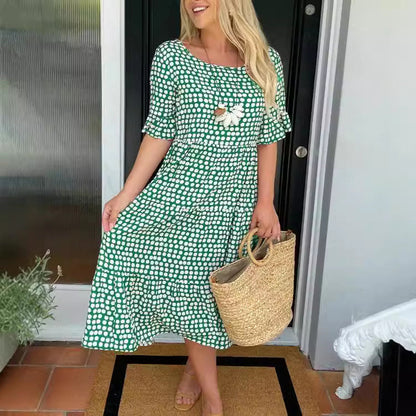 Schöne Damenkleider mit rundem Ausschnitt und kurzen Ärmeln, Polyester, elegantes Design-3