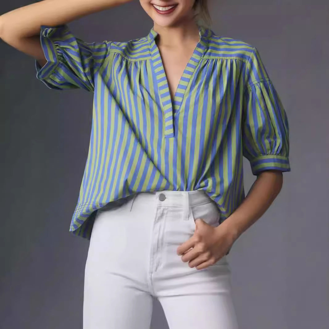 Damen V-Ausschnitt Top Gestreift Patchwork Chiffon-3