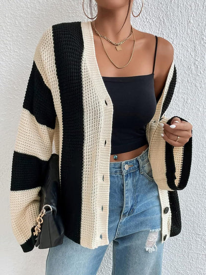 Damen-Strickcardigan, mit gestreiften Kontrastärmel, Polyester 3