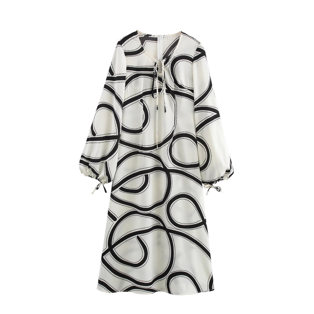 A-Linien-Damenkleid mit V-Ausschnitt und Laternenärmeln aus Polyester-2