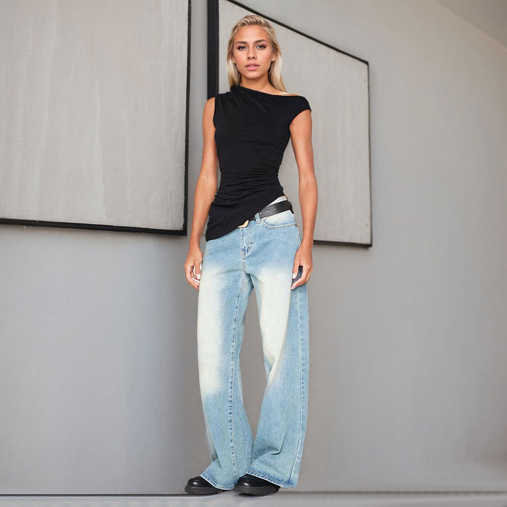 Damen Asymmetrisches Top mit Rüschen-Design Elastischer Stoff 4