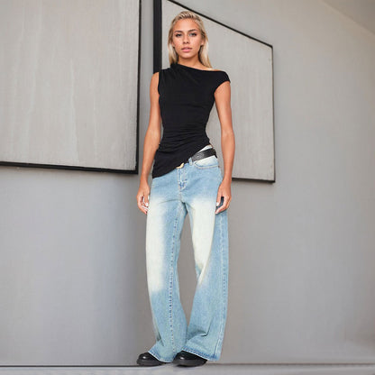 Damen Asymmetrisches Top mit Rüschen-Design Elastischer Stoff 4