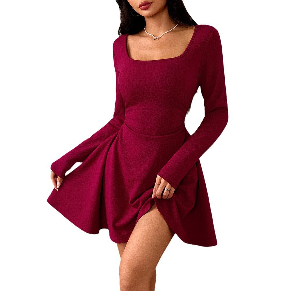 Damen-Langarm-Kleid, eckiger Ausschnitt, weicher elastischer Stoff, fließender Rock 6
