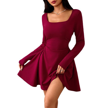 Damen-Langarm-Kleid, eckiger Ausschnitt, weicher elastischer Stoff, fließender Rock 6