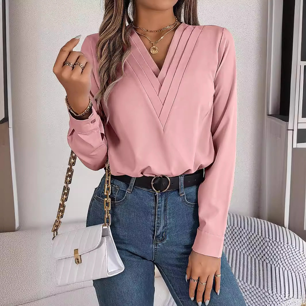 Damen Hemd Langarm V-Ausschnitt Polyester-4