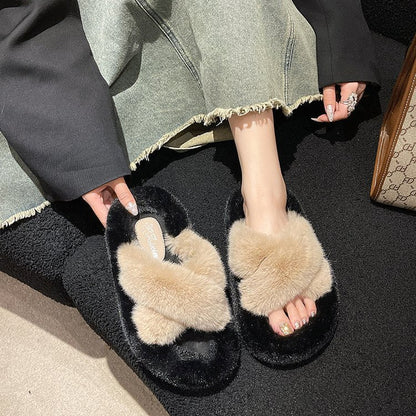 Damen-Pantoffeln, flauschig, mit dekorativem Fell und dämpfender Sohle 4