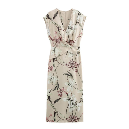 Damen-Midikleid mit V-Ausschnitt und Blumenmuster aus texturiertem Polyester-1
