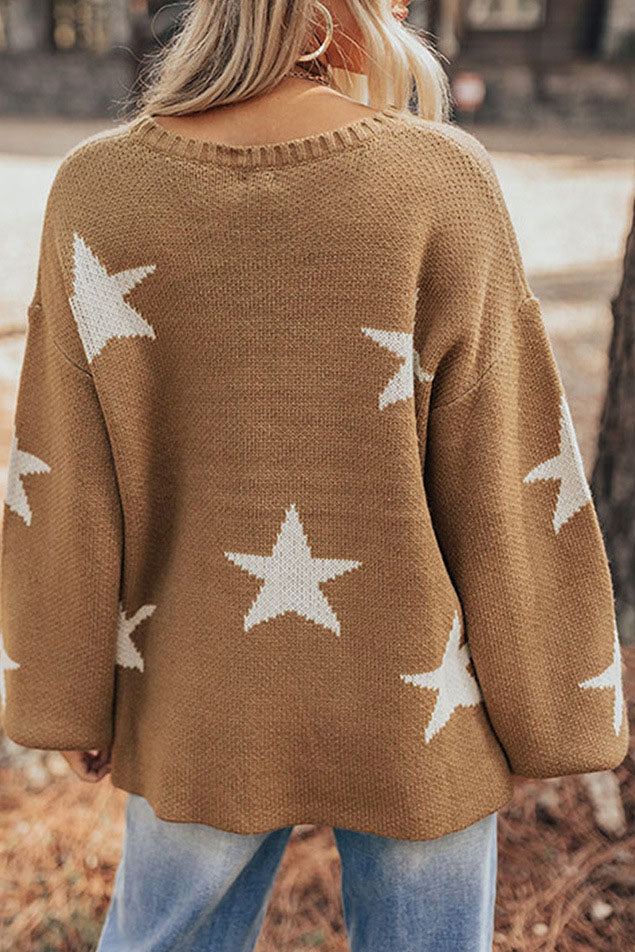Damenpullover mit Laternenärmeln aus weichem Polyester und Sternmuster – trendiges Langarm-Top für Alltag und festliche Anlässe 4