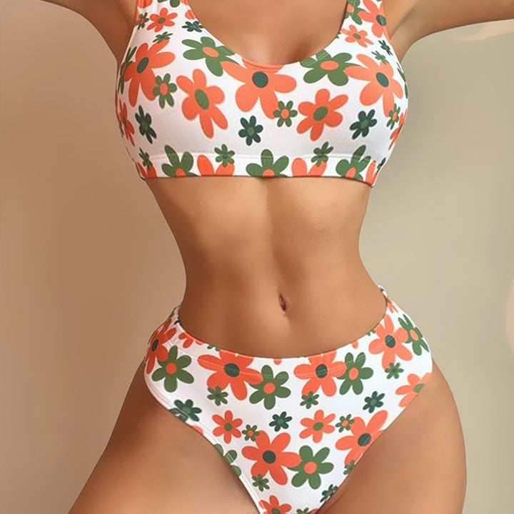 Variant image for Damen-Bikini-Set, Blumenmuster, hoch geschnitten elastischer Stoff-1
