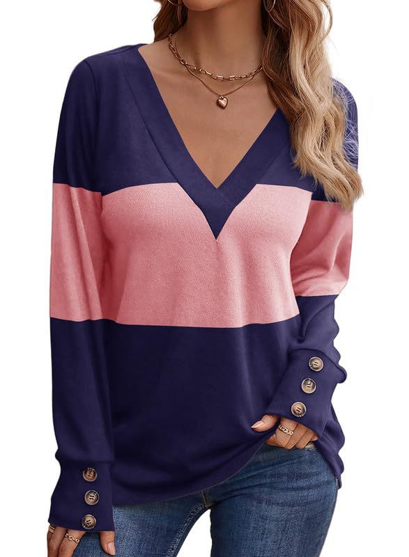 Damen-Langarm-T-Shirt mit V-Ausschnitt, Colorblock, 100 % Baumwolle-6