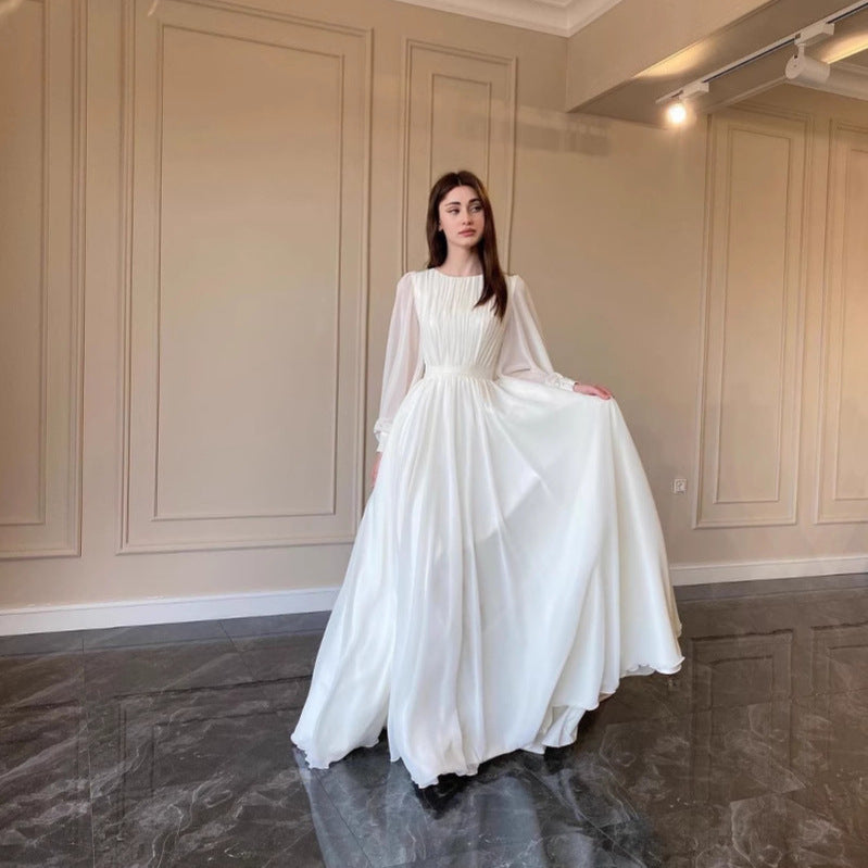 Damen-Hochzeitskleid, lange Ärmel, runder Ausschnitt, Polyester-5