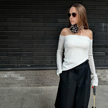 Damen-Off-Shoulder-Top, lange Ärmel, elastischer Stoff 2