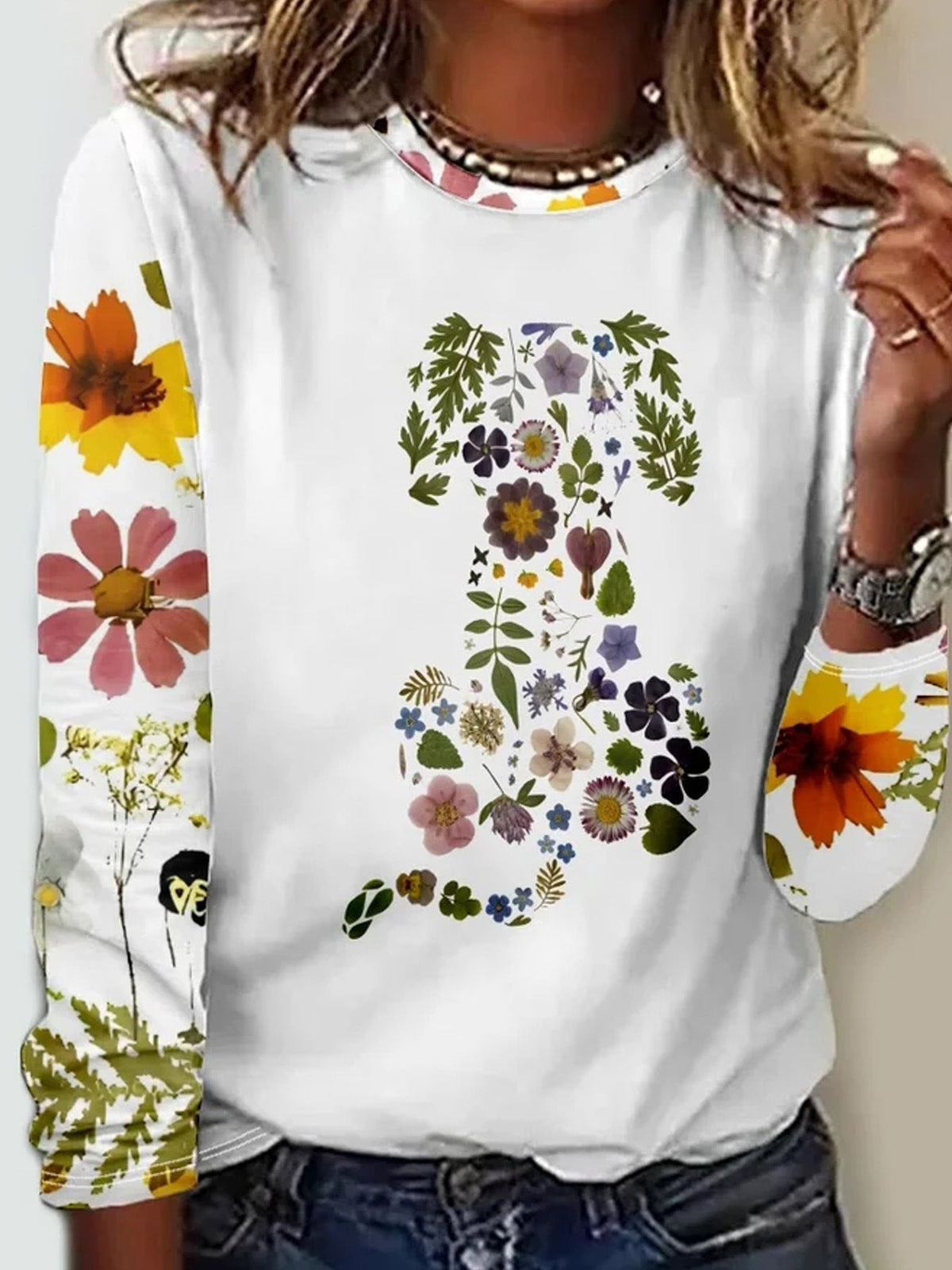 Variantenbild für langärmeliges Damen-T-Shirt mit Blumenmuster aus Polyester mit rundem Ausschnitt-7