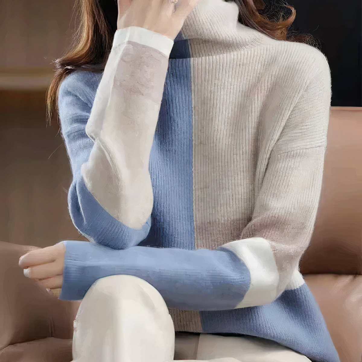 Damen-Strickpullover mit Retro-Rollkragen aus 100 % hochwertigem Stoff -3