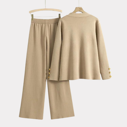 Damen-Strickhose, Set, V-Ausschnitt, Stoffmischung, weite Beine-2
