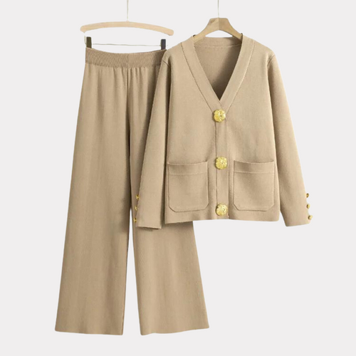Damen-Strickhose, Set, V-Ausschnitt, Stoffmischung, weite Beine-1