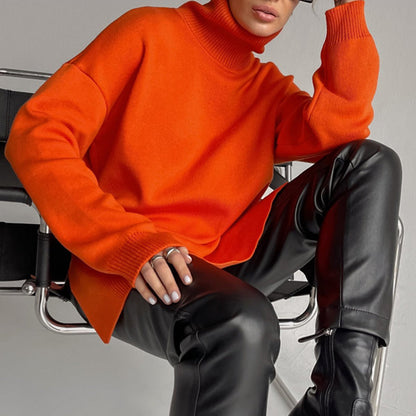 Damen-Strickpullover, hoher Kragen, Viskose-Mischung mit Seitenschlitz-2