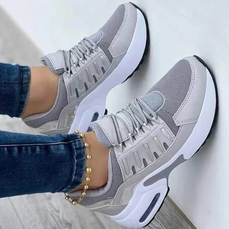 Damen-Sneaker, dicke Sohle, Synthetikmaterial, Schnürung-1