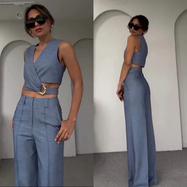 Damen-Set, zweiteilig, kurzes Top, hohe Hose, erstklassiger Stoff-2