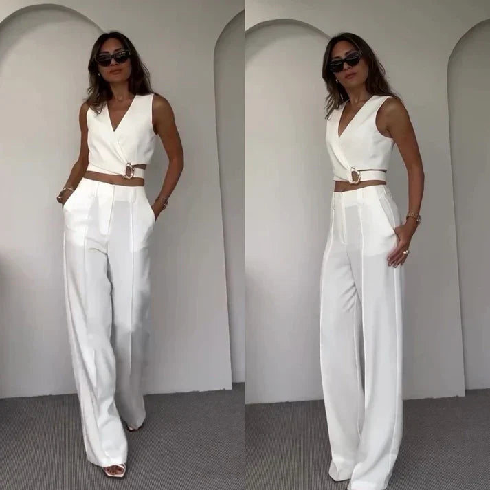 Damen-Set, zweiteilig, kurzes Top, hohe Hose, erstklassiger Stoff-1